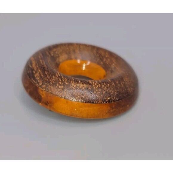 Vtg Bakelite Butterscotch Wood Mixed Media Circle Round Brooch Pin Retro 70s - Picture 2 of 4